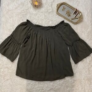 Women Olive Green Off Shoulder Peasant Blouse Boho Puff Sleeve Flowy Top